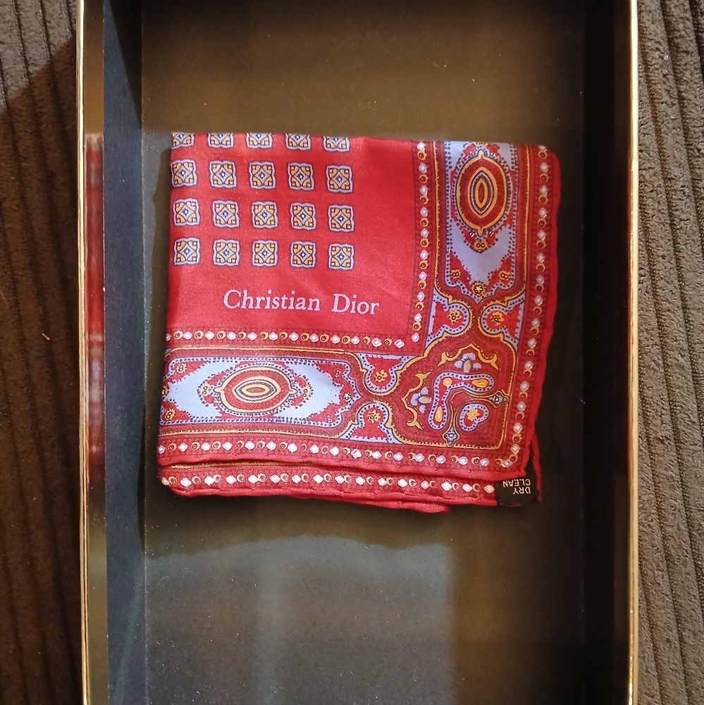 Vintage 1980s Christian Dior Red and Blue Paisley Pocket Square 100%Silk
